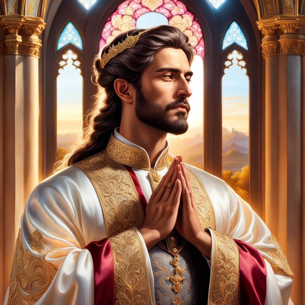 King in Prayer with Golden Light, Romantic Style