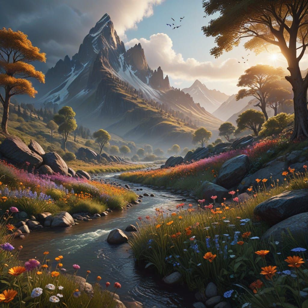 Serene Fantasy Landscape with Realistic Volumetric Lighting ...