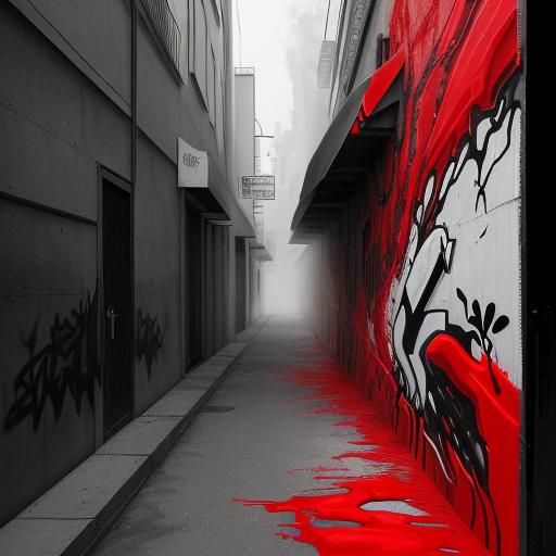 Red Monster Disrupts Black and White Street, Graffiti Art