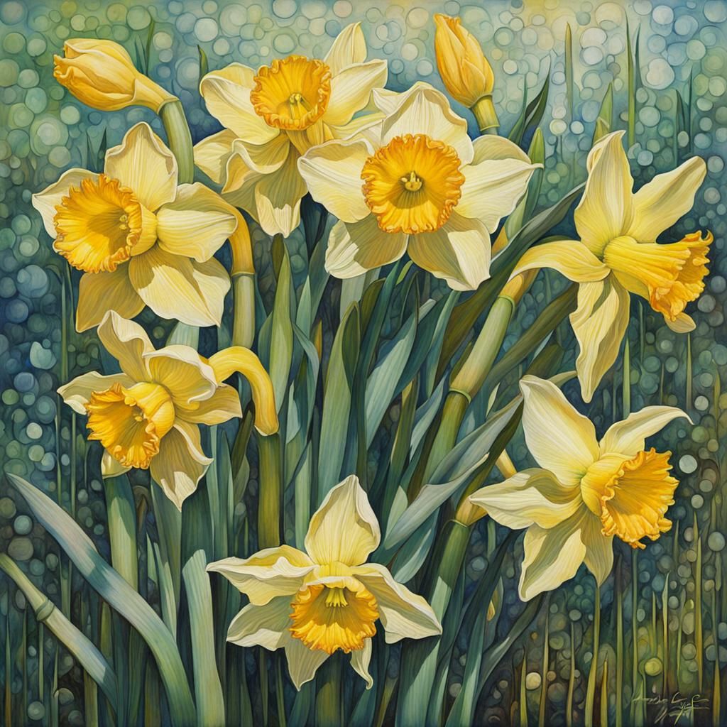 Hyperrealistic Daffodils with Impasto Watercolor Smears