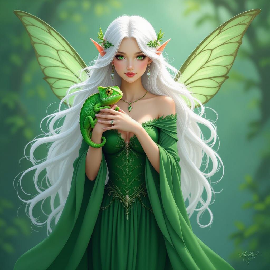 Green Fairy with Chameleon in Whimsical Style