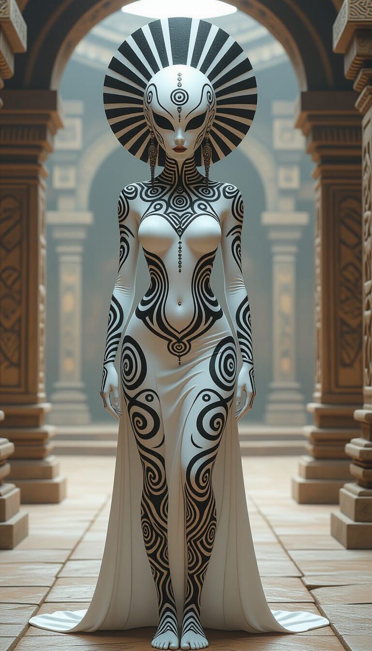 Alien Priestess with Tribal Tattoos in Temple