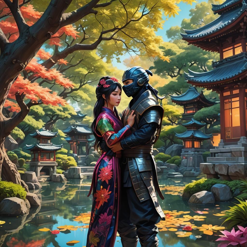 Ninja and Princess Embrace in Futuristic Garden