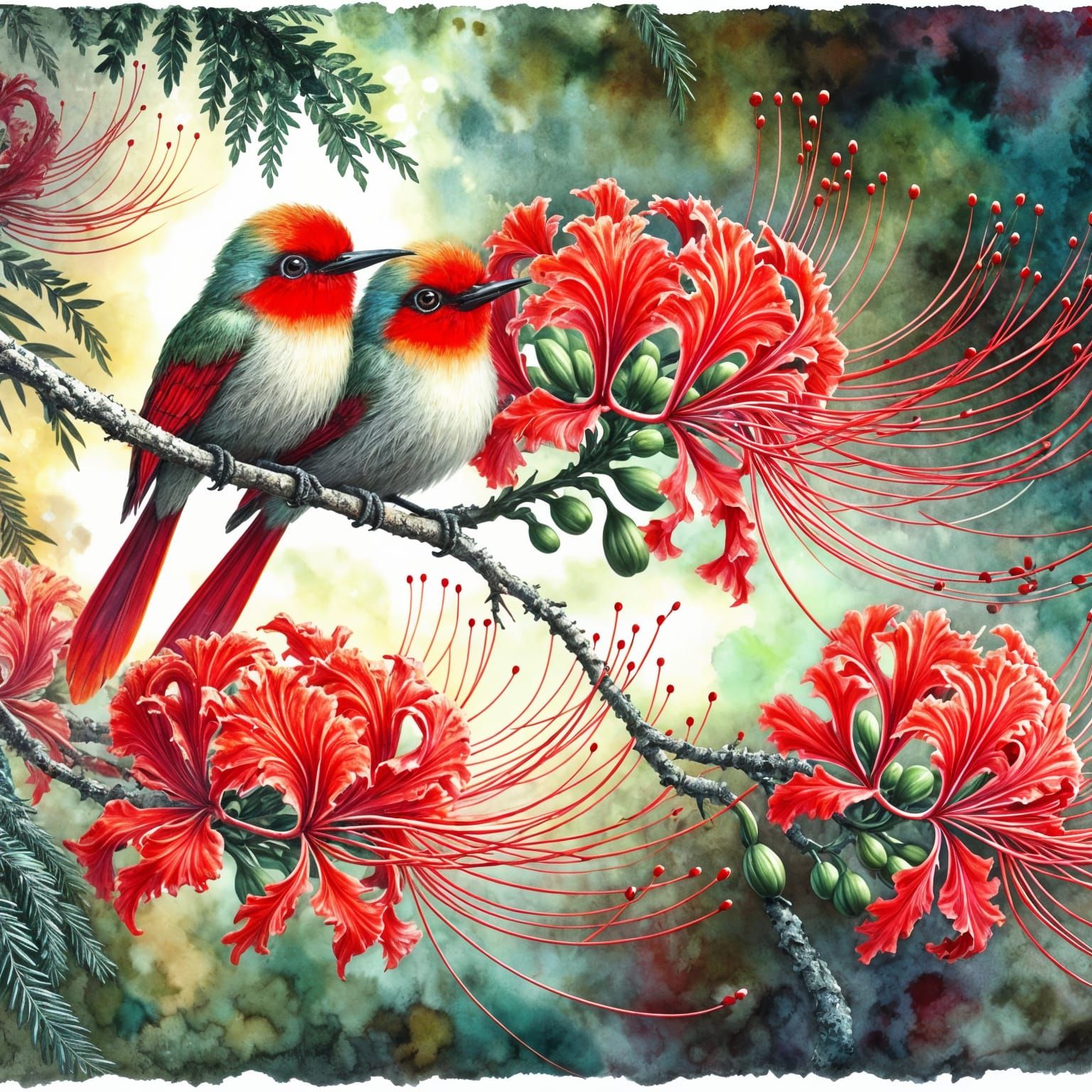 Scarlet-Faced Liocichla Pair in Jungle Alcohol Ink Art