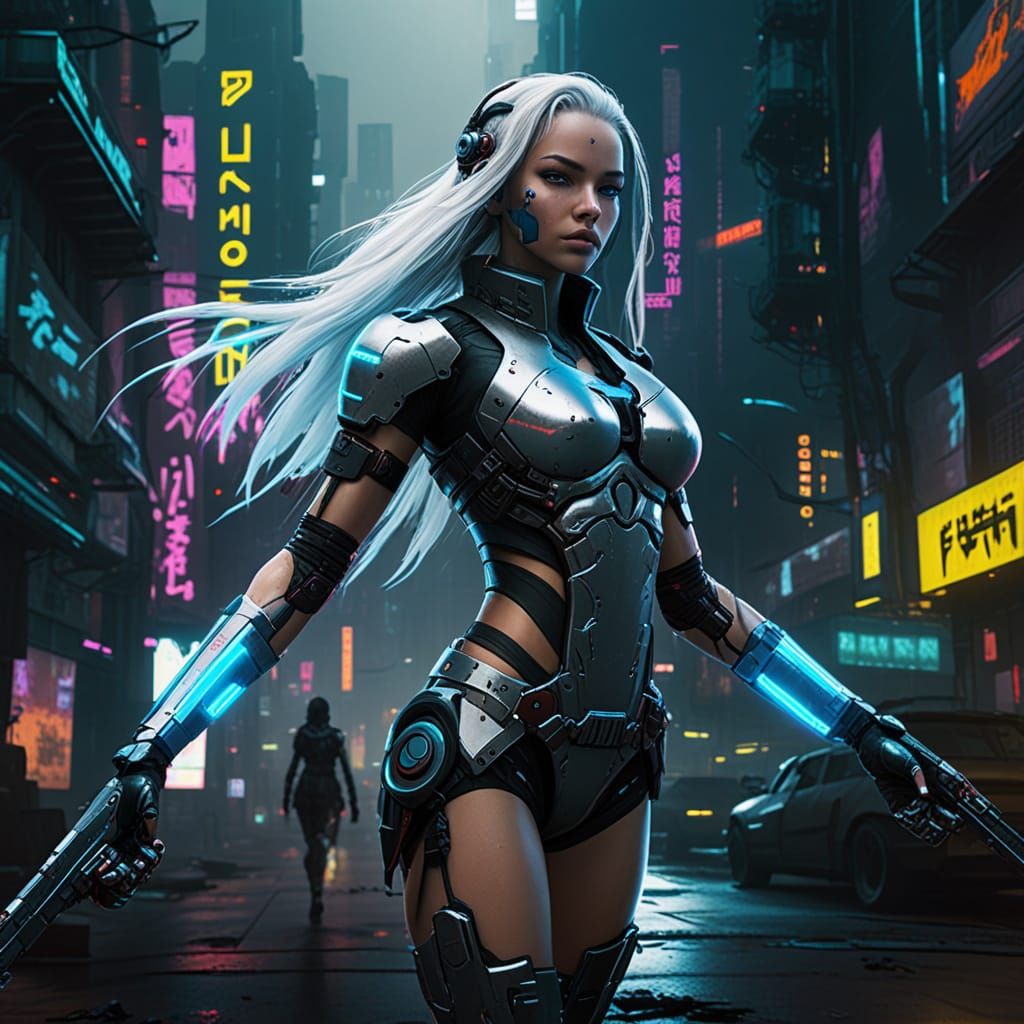 Cyborg Bounty Hunter in Neon Cyberpunk City