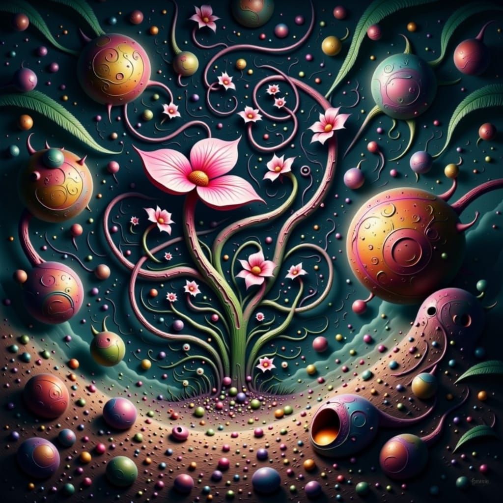 Iridescent Alien Flora on Lunar Landscape