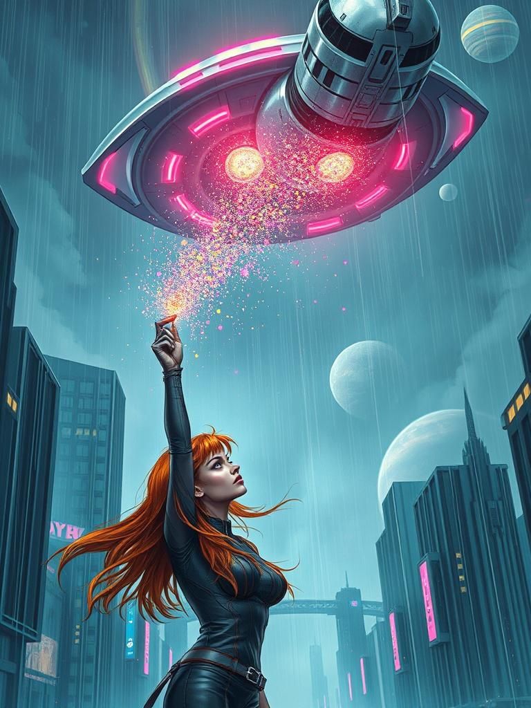 Cyborg Signals Spaceship in Rainy Cyberpunk City