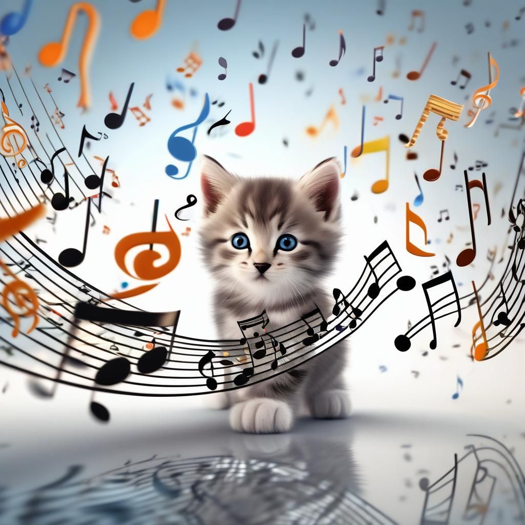 Happy Kitten with Flying Music Notes in 3D