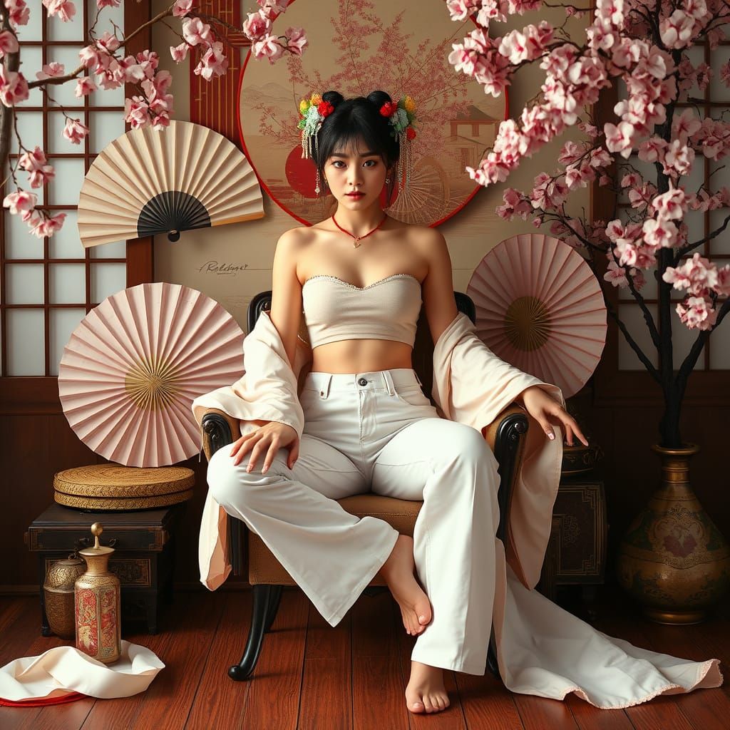 Geisha in White Jeans with Cherry Blossoms