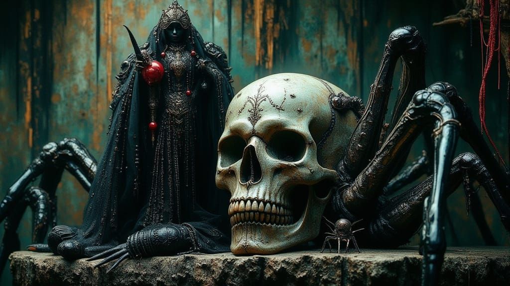 Spider Queen in Gothic Cave with Eerie Glow