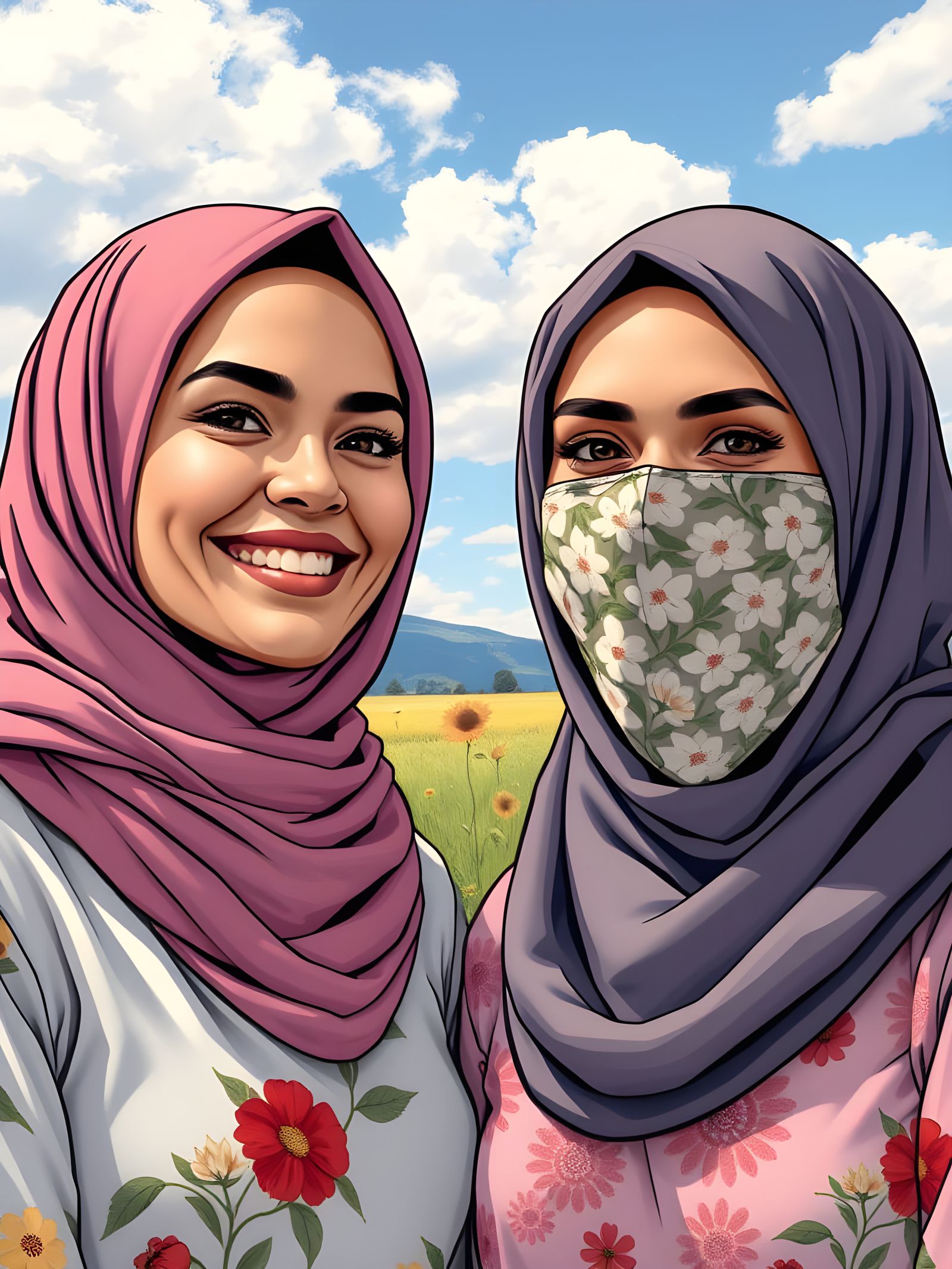 Hijab-Clad Friends in Comic Book Style