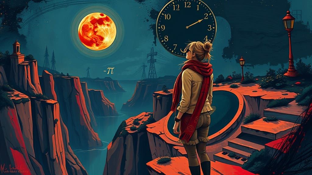 Stylish Woman Admires Blood-Red Lunar Eclipse Amidst Whimsic...