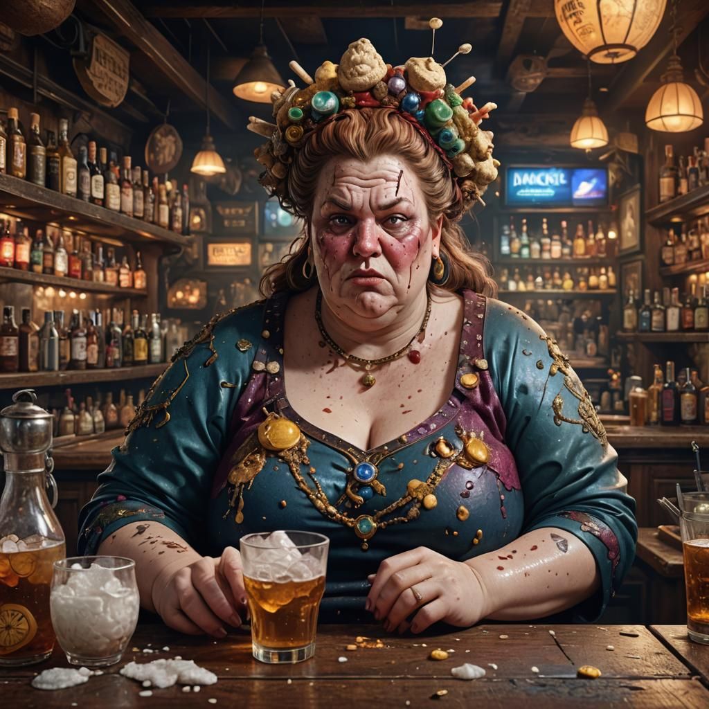 Ugly fat lady at bar with tons of pimples