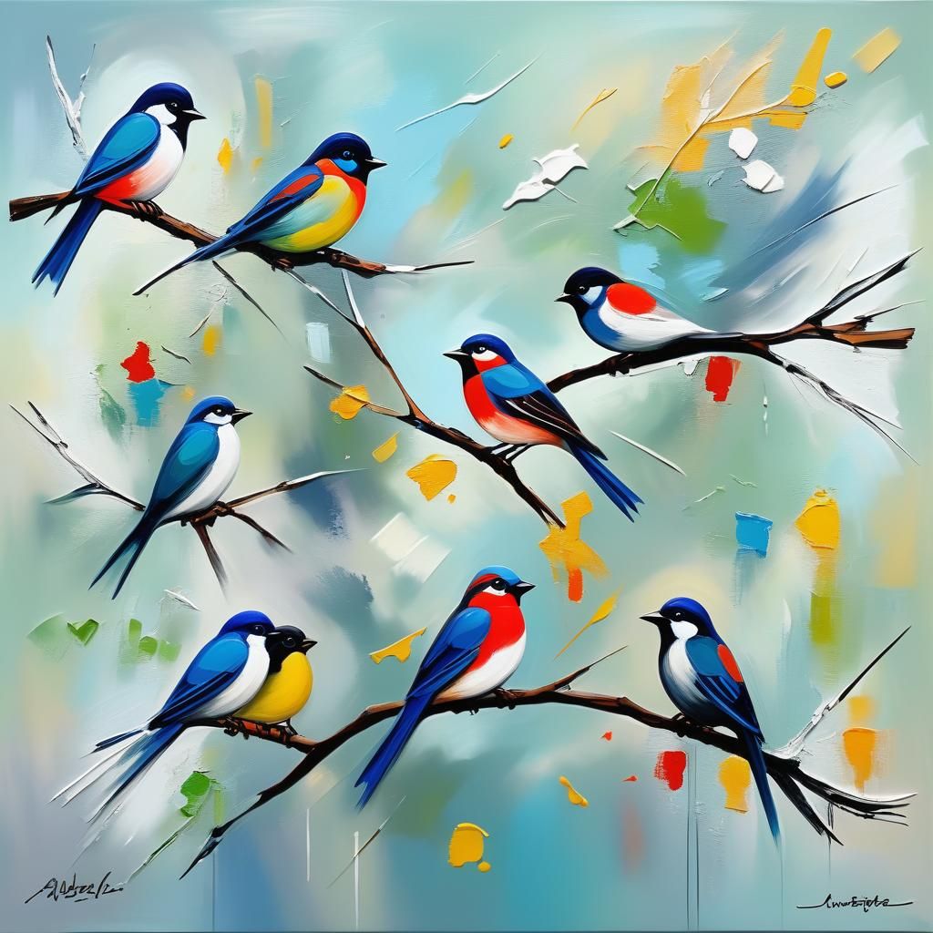 Birds in Automatism: Matte Oil Impasto Painting