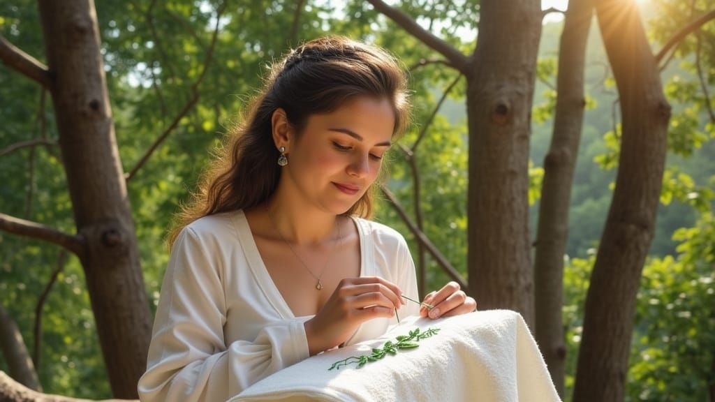 Serene Woman Embroiders in Sun-Dappled Forest