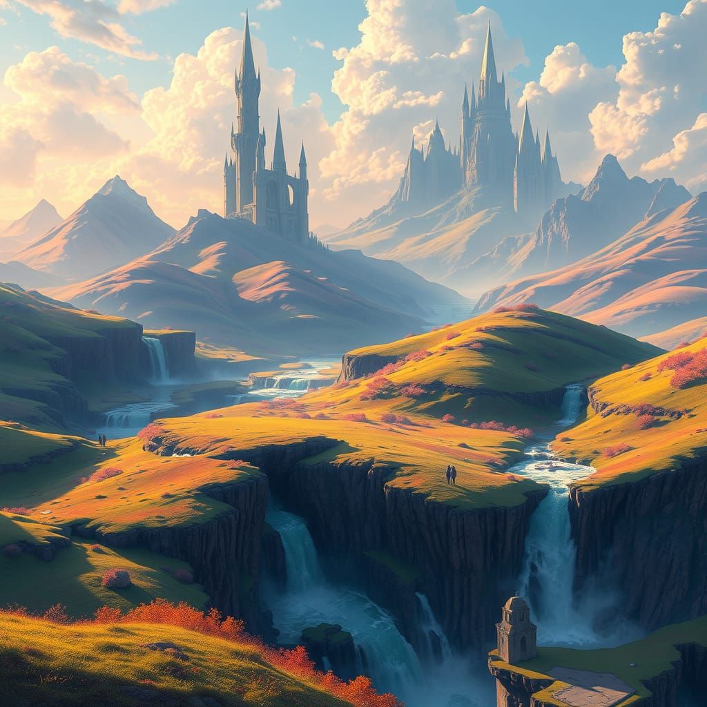 Lush Fantasy Landscape with Waterfalls and Spires