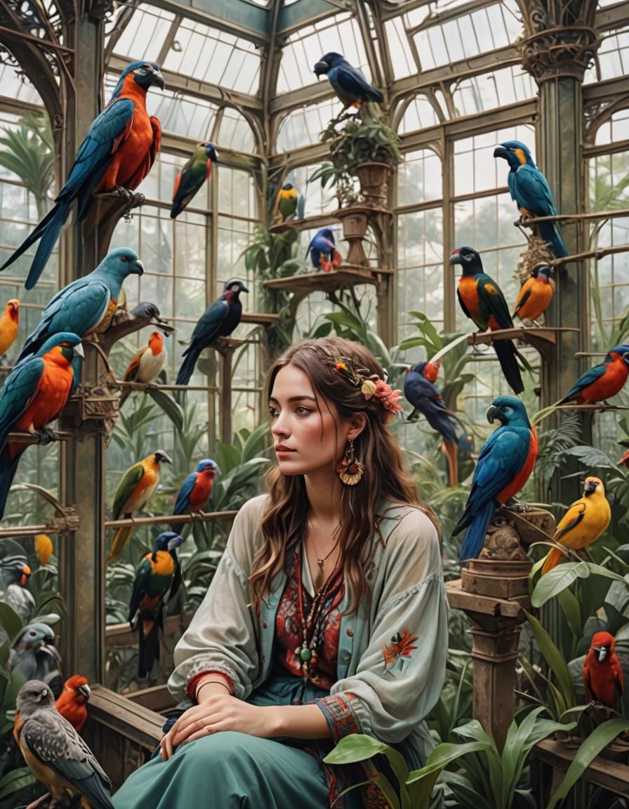 Bohemian Woman in Exotic Bird Aviary, Anime Style