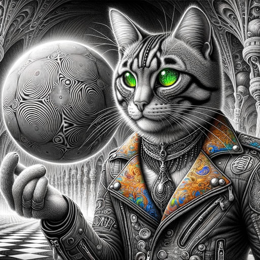 Feline Haitian Biker in Whimsical Pencil and Charcoal