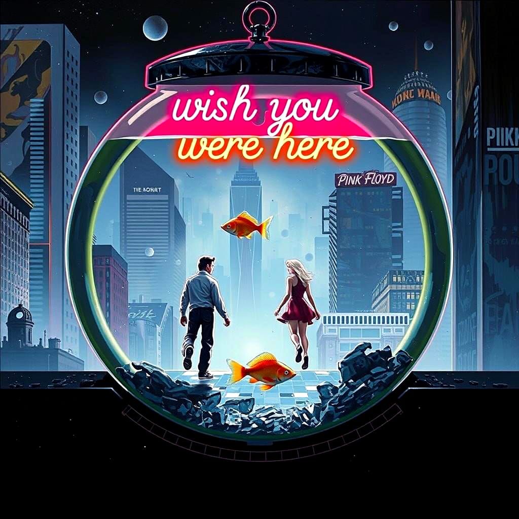 Surreal Retro-Futuristic Aquarium Cityscape with Fishbowl Wi...