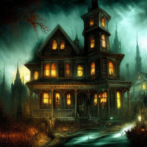 Terrifying Haunted House in Maximalist Style