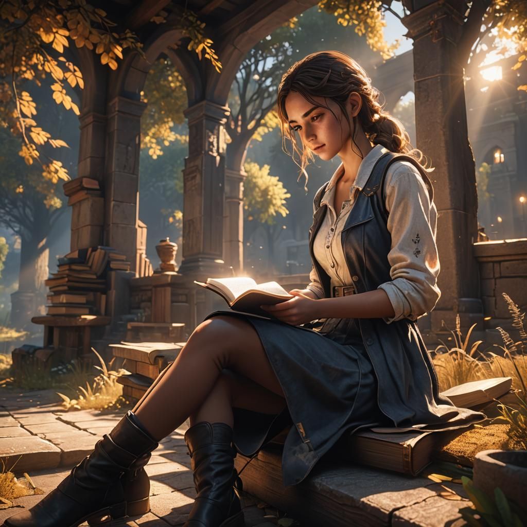 Girl Reading Book in 3D Game Cinematic Style