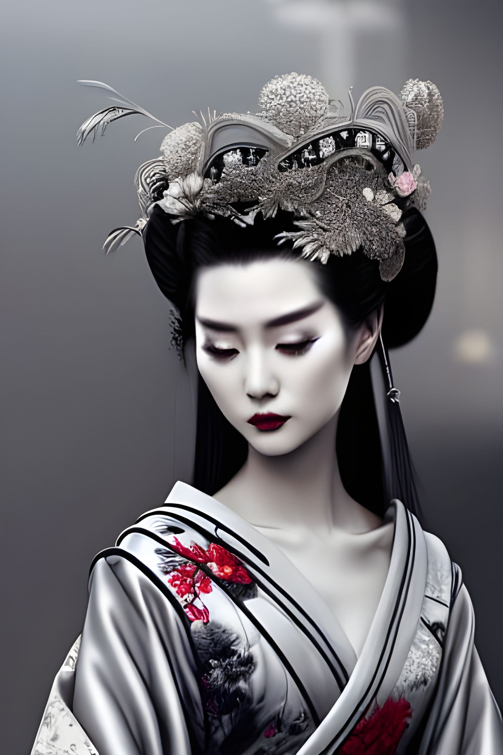 Geisha in Silver Kimono: Intricate Digital Art
