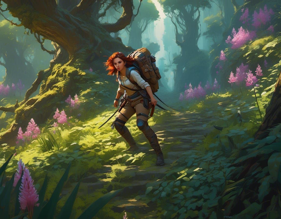 Jungle Adventurer Climbing Tree in Photorealistic Sketch