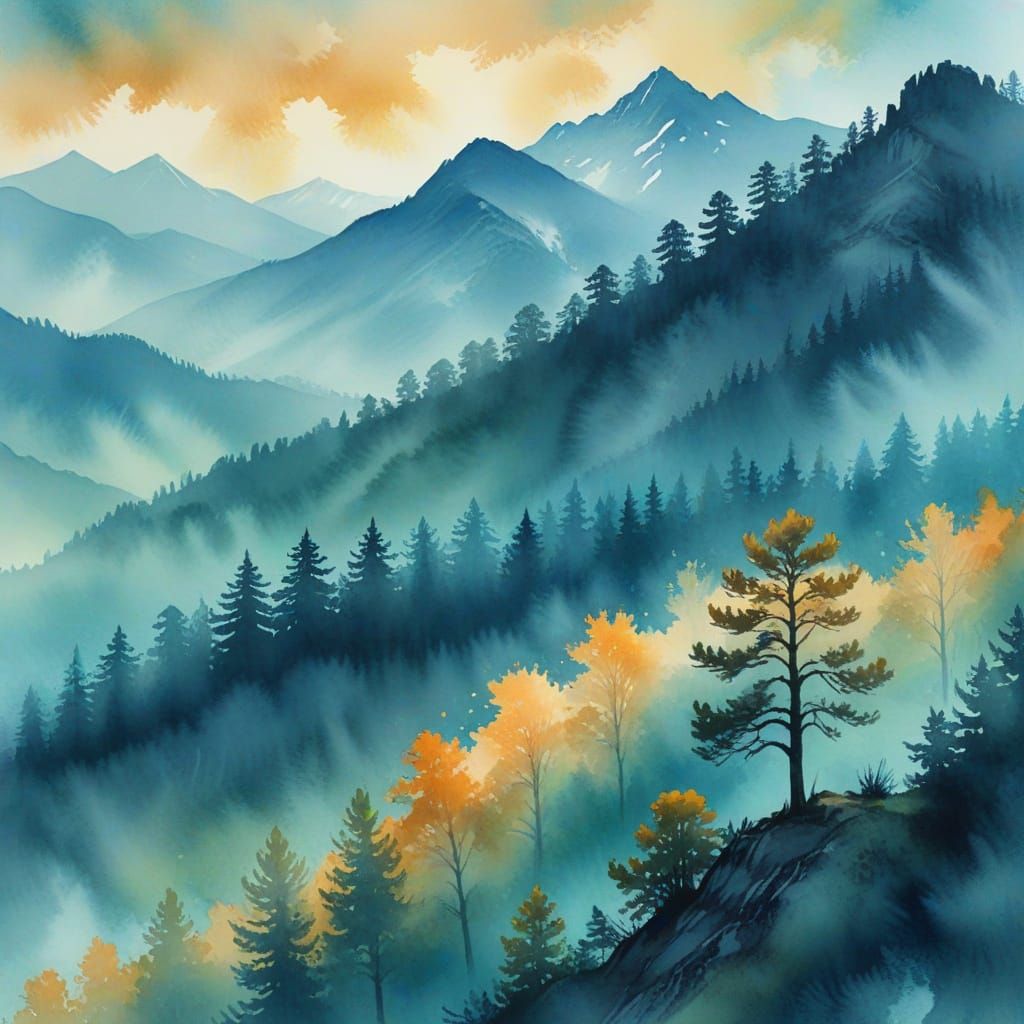 Serene Blue Mountain Range in Watercolor Style