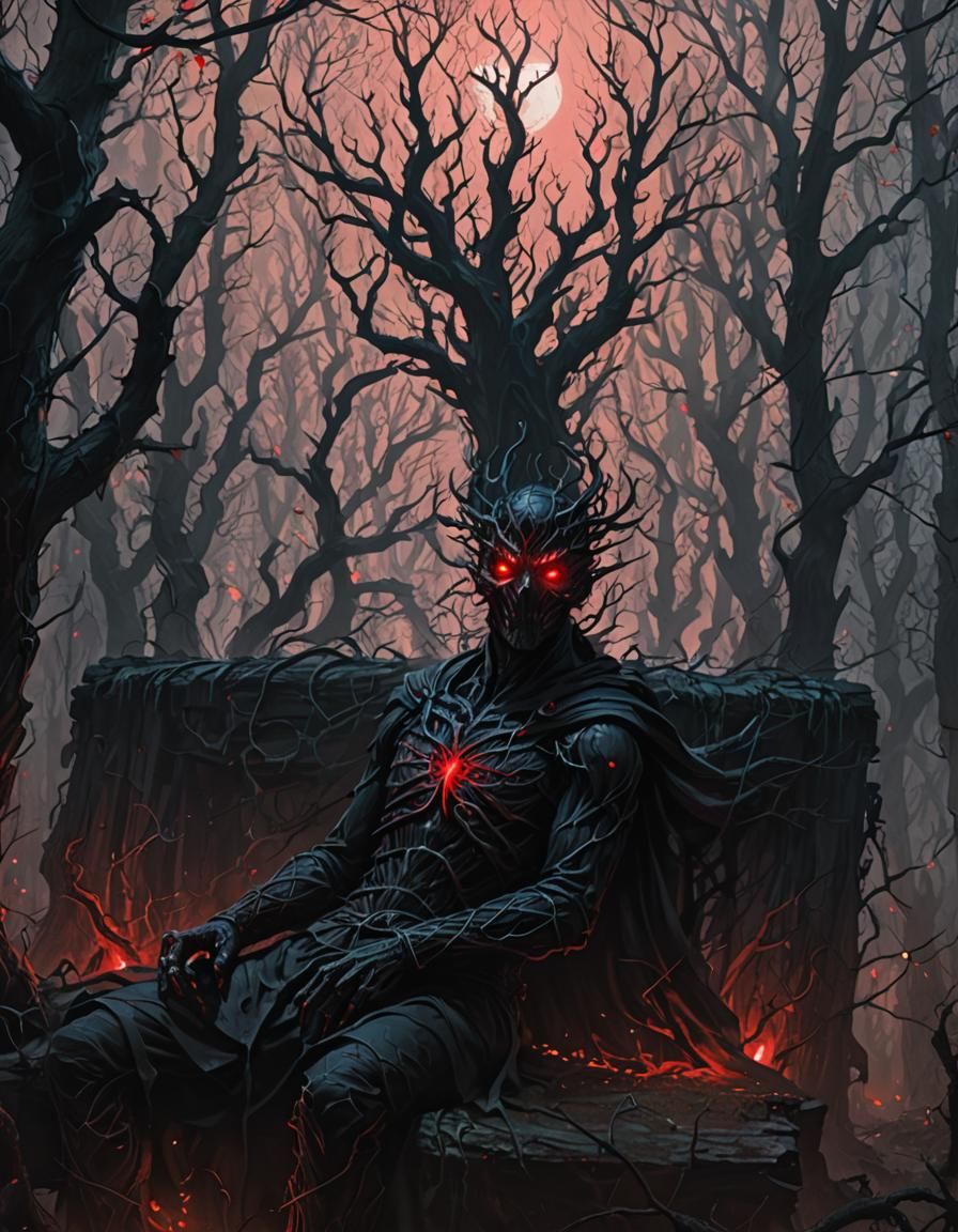 Ominous Dark Fantasy Figure in Glowing Forest