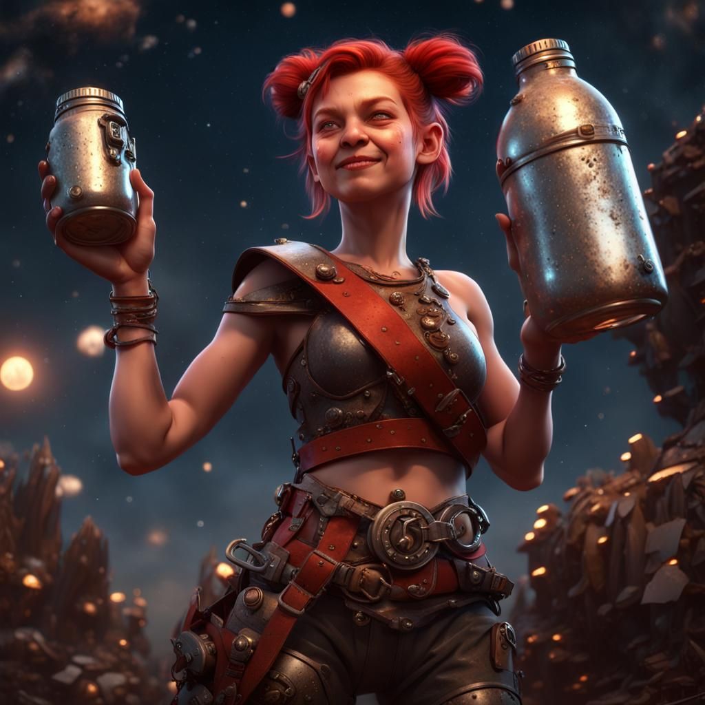 Halfling Woman with Glowing Bottle in Space, Digital Art