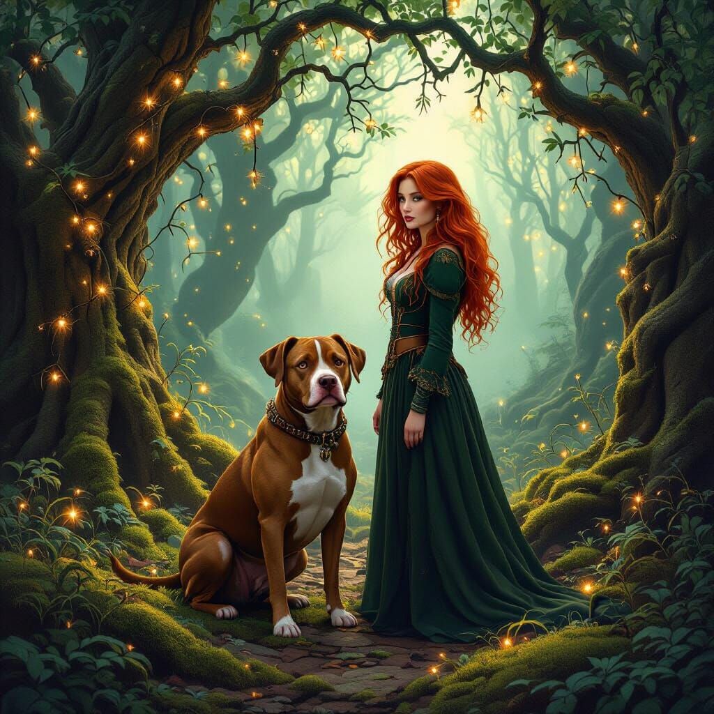 Redheaded Woman and Pitbull in Enchanted Forest with Fairy L...