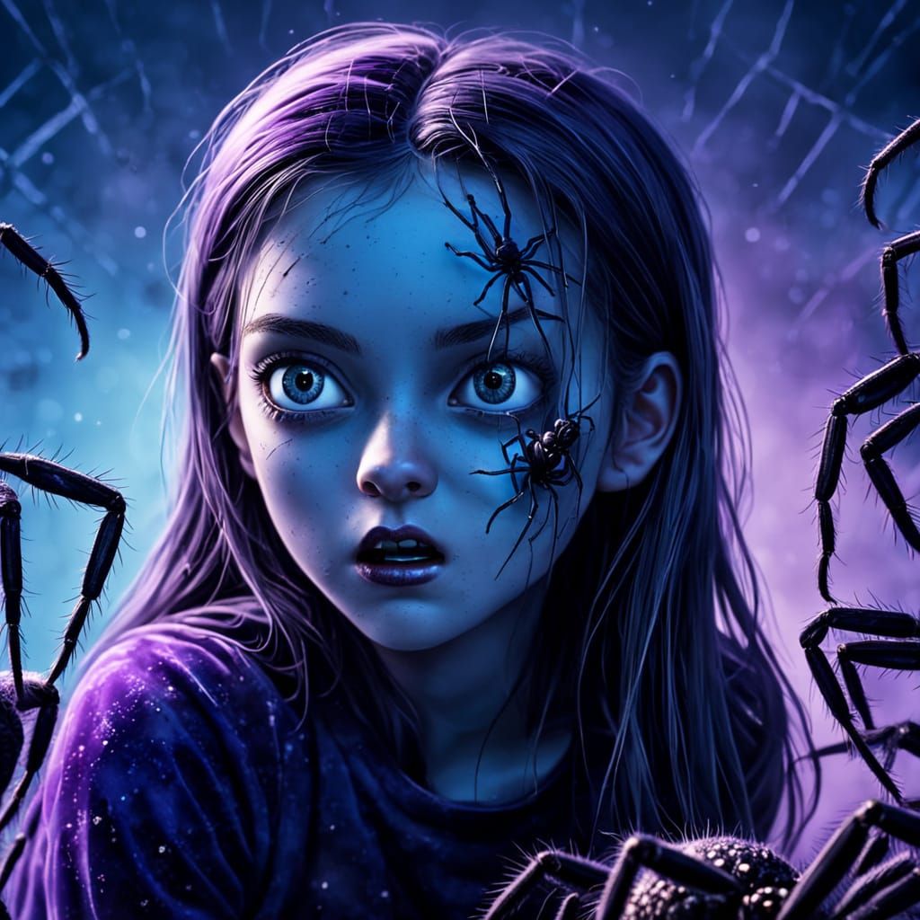 Surreal Girl Brushing Spiders in Splattered Ink Style