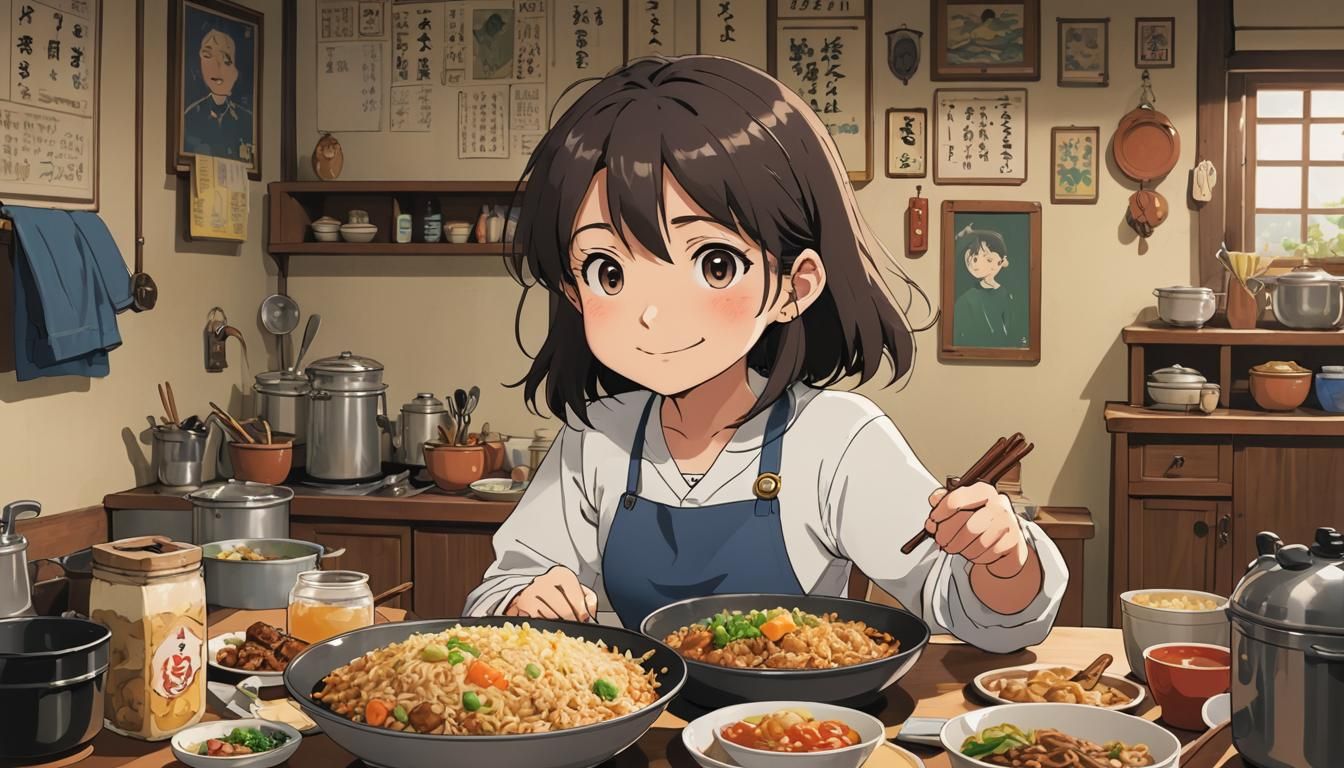 Cute Anime Girl Enjoys Fried Rice, Ghibli Style