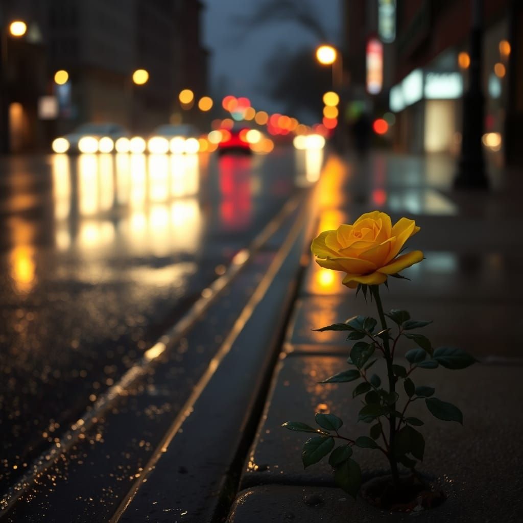 Rainy City Street with Yellow Rose Noir Aesthetic