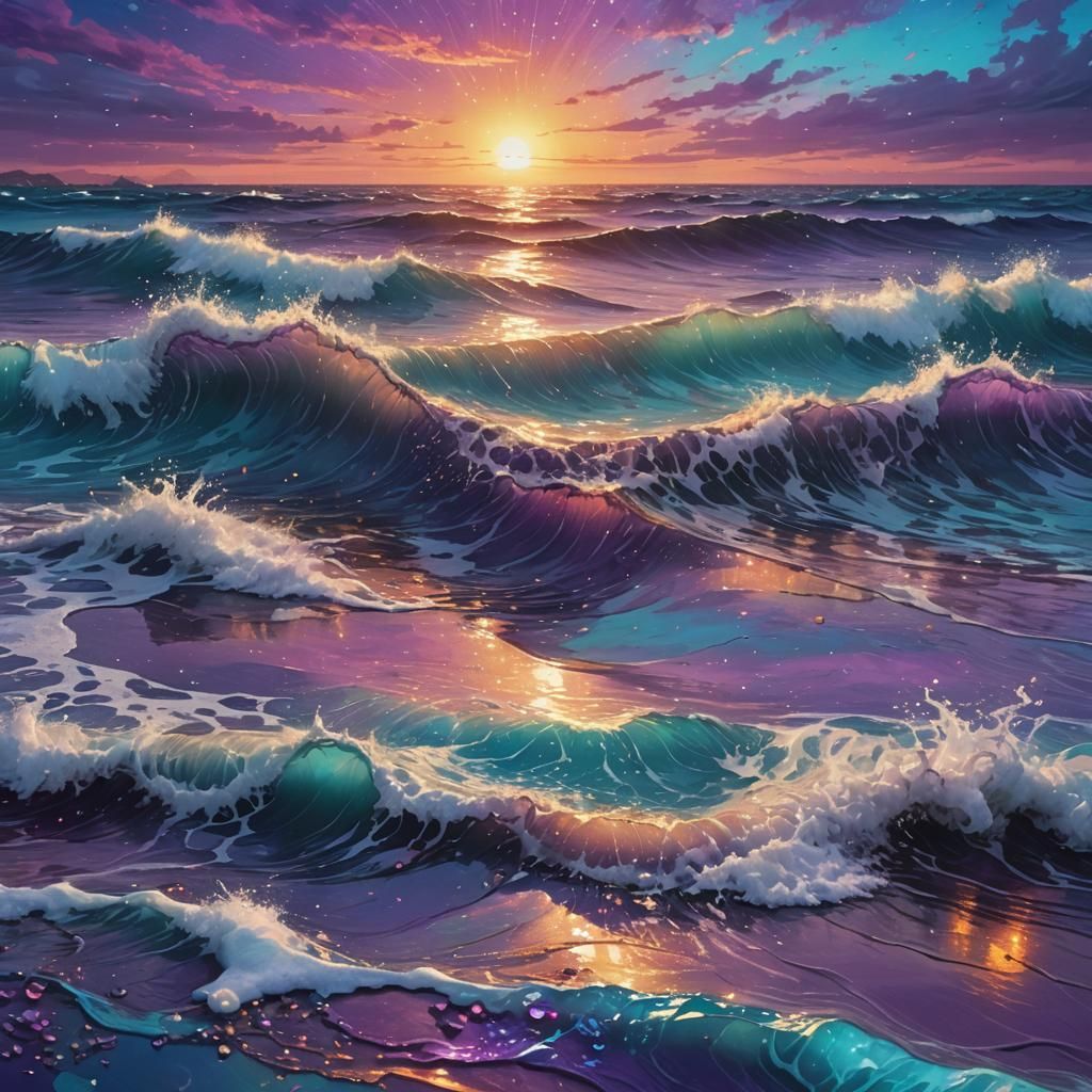 Turquoise Waves Embrace Setting Sun: Astral Cosmic Art