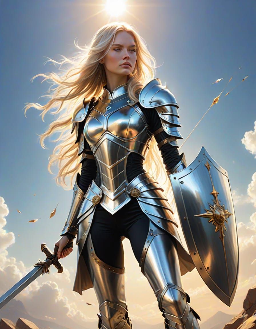 Ethereal Beauty in God Armor with Flaming Arrows