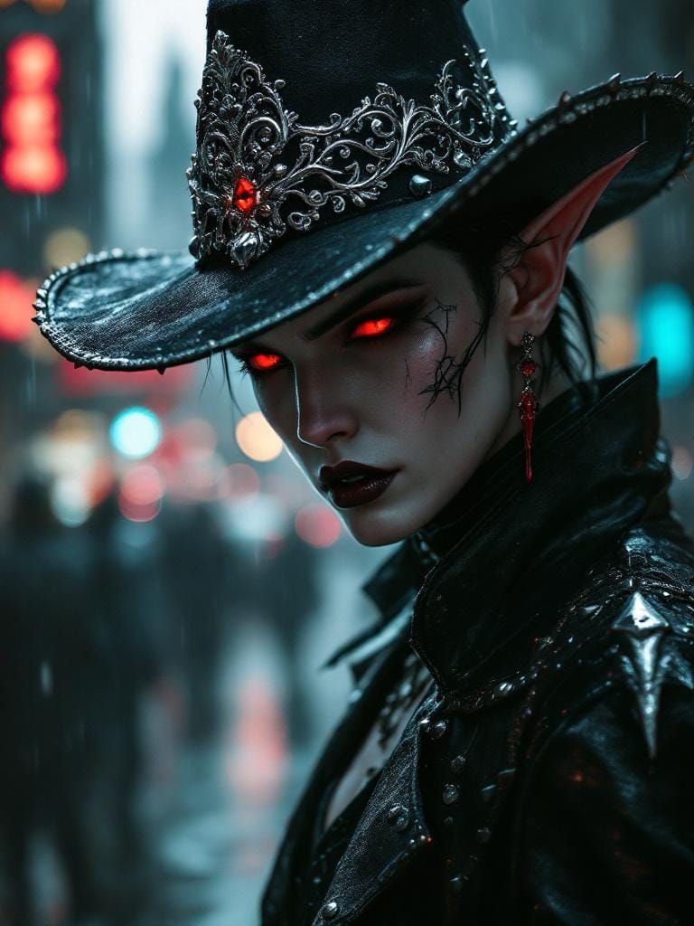 Gothic Vampire Gunslinger in Rain, Cinematic Portrait
