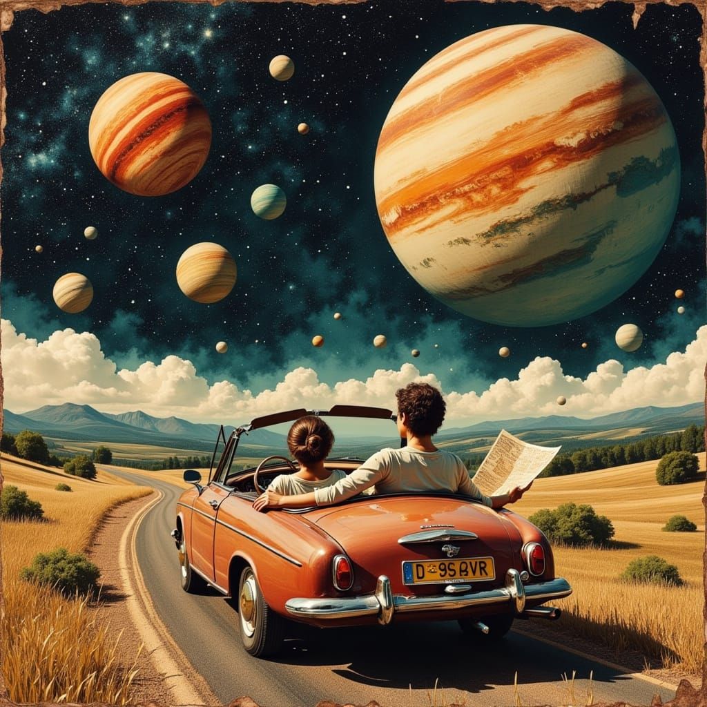 Cosmic Road Trip: Women in Convertible Under Alien Sky