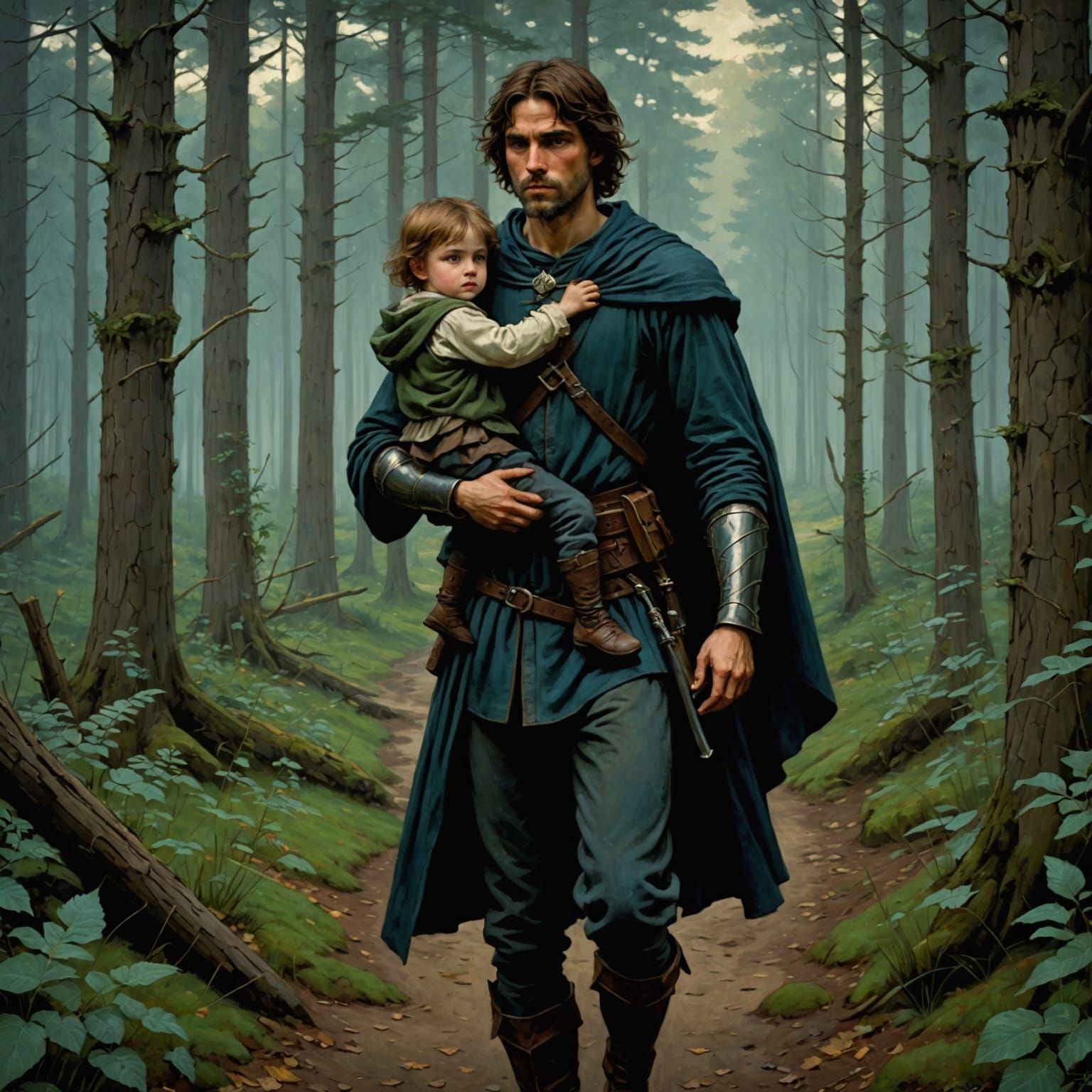 A Young Knight Carries a Boy Through a Dark, Fantastical For...
