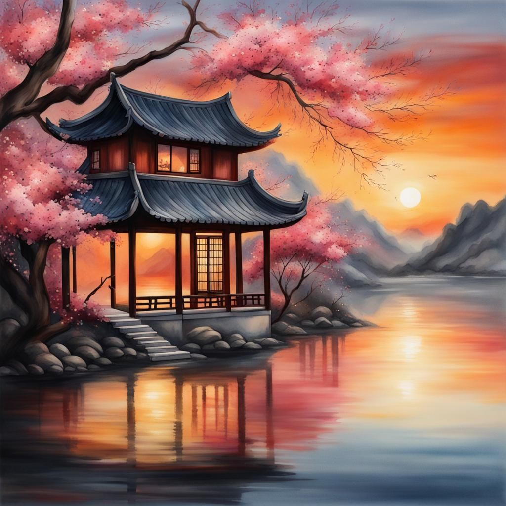 Hyperrealistic Watercolor Painting of Chinese Blossom Tree