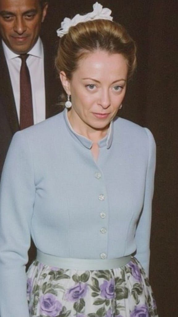 Giorgia Meloni in Elegant Trasparent Dress with Blonde Hair