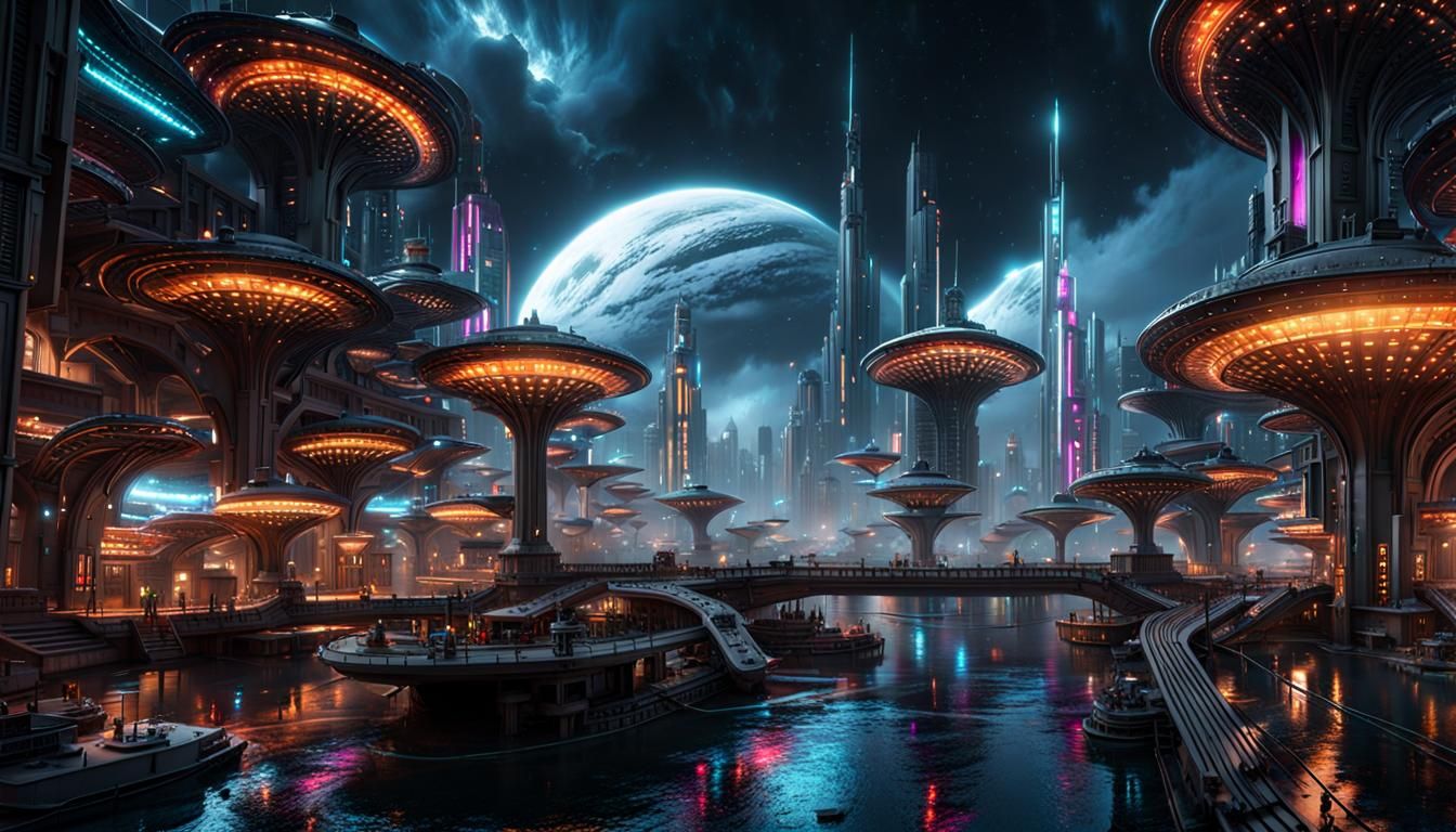 Stormy Sci-Fi Alien City at Night
