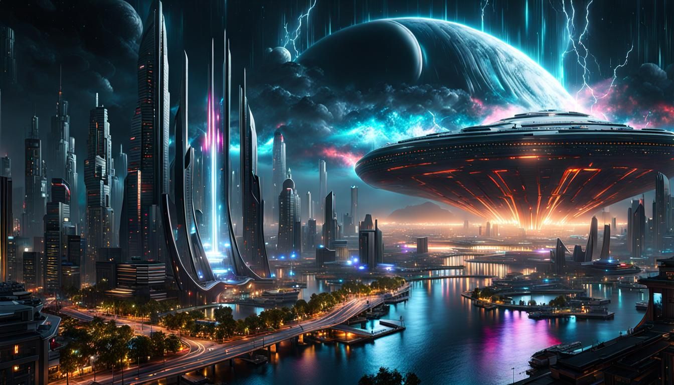 Dramatic Sci-Fi Alien City in Stormy Weather