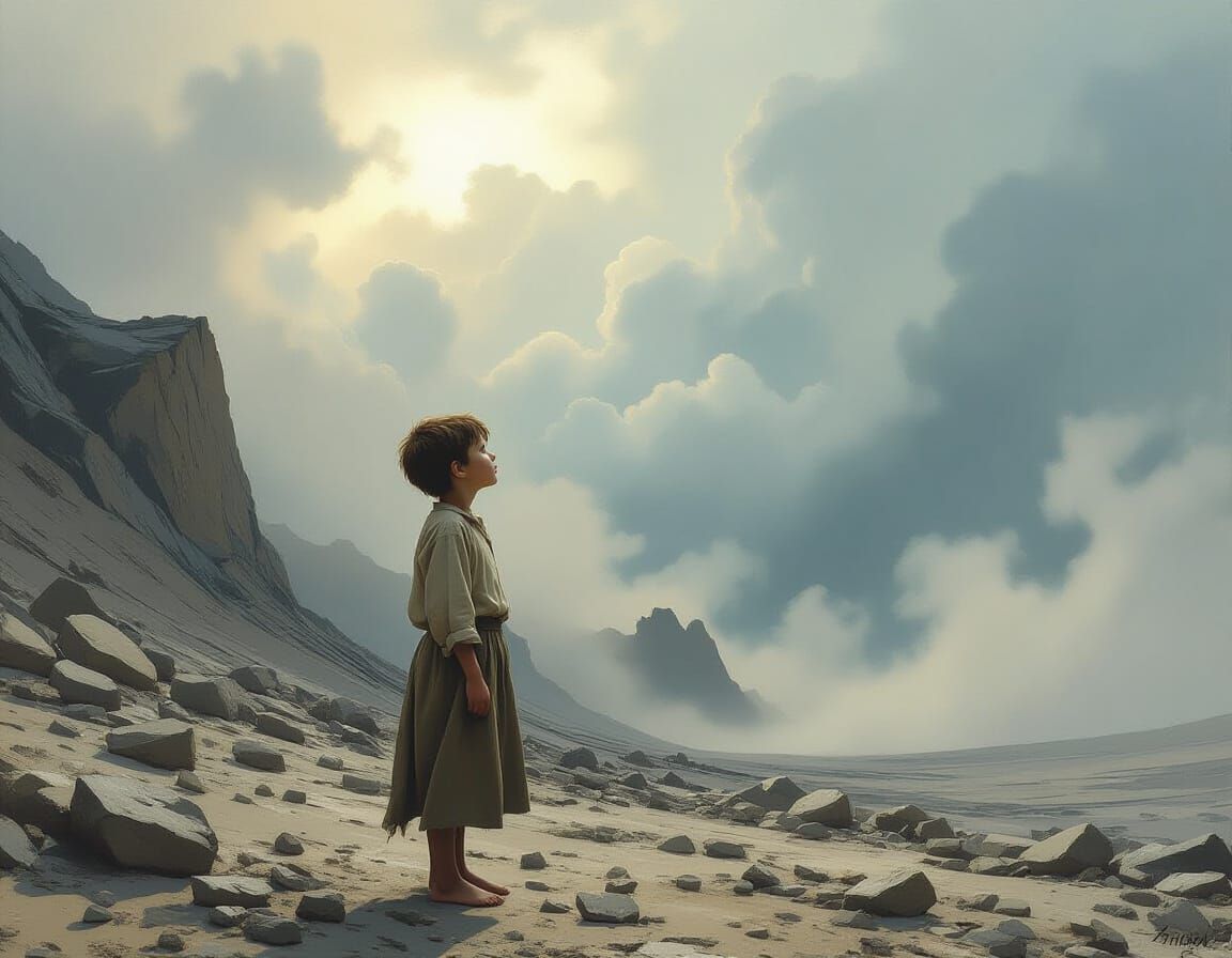 Boy on Desolate Landscape Under Moody Sky