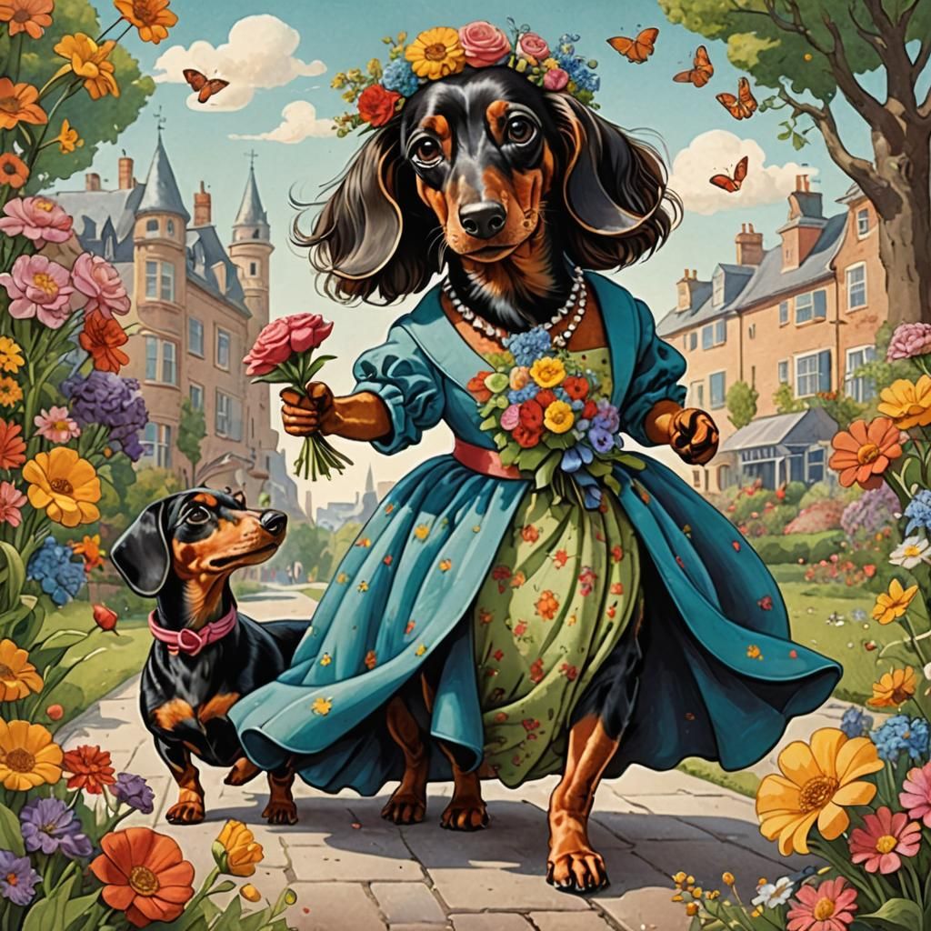 Dachshunds Bearing Gifts in Surreal Illustration