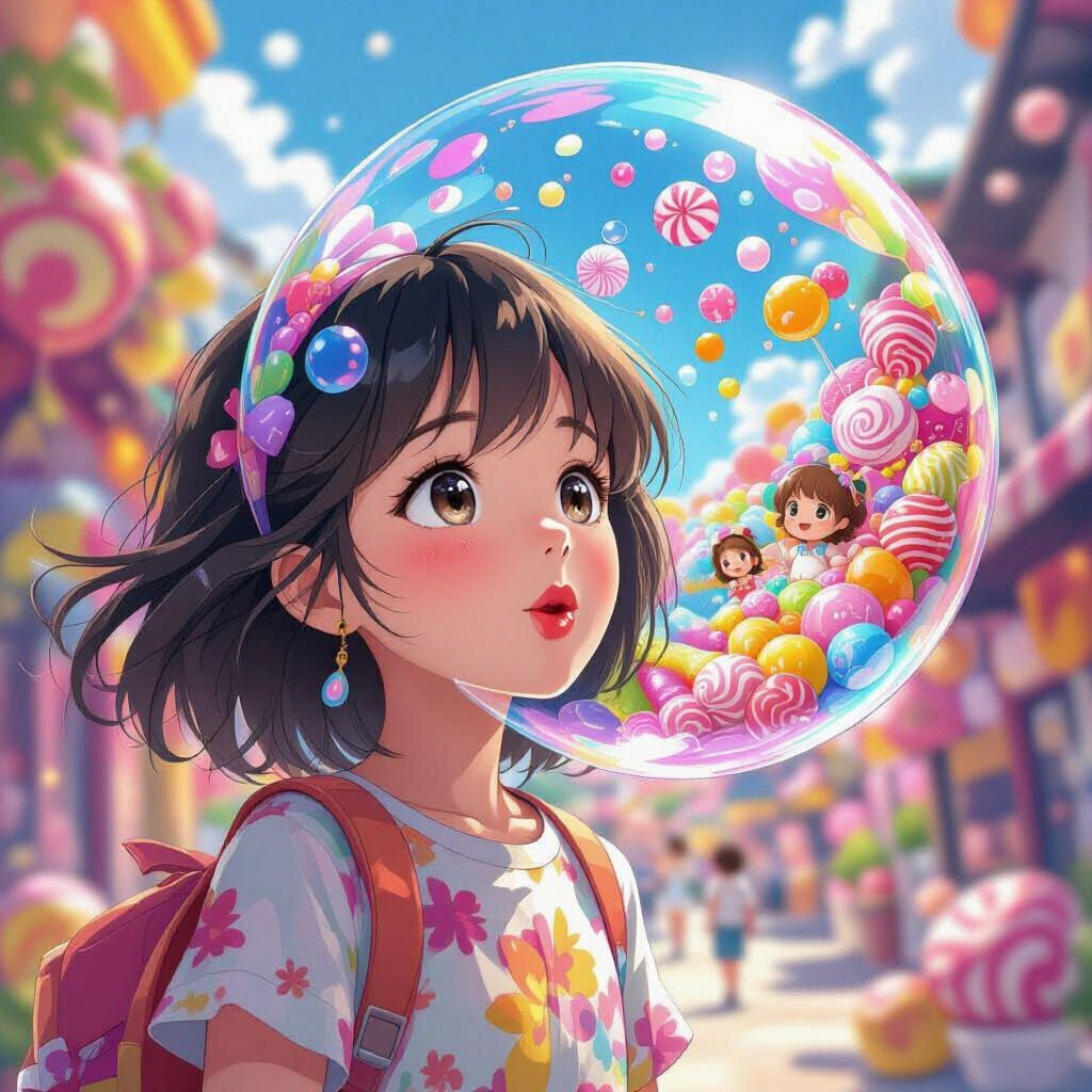 Joyful Anime Girl Creates Magical Candy World Bubble