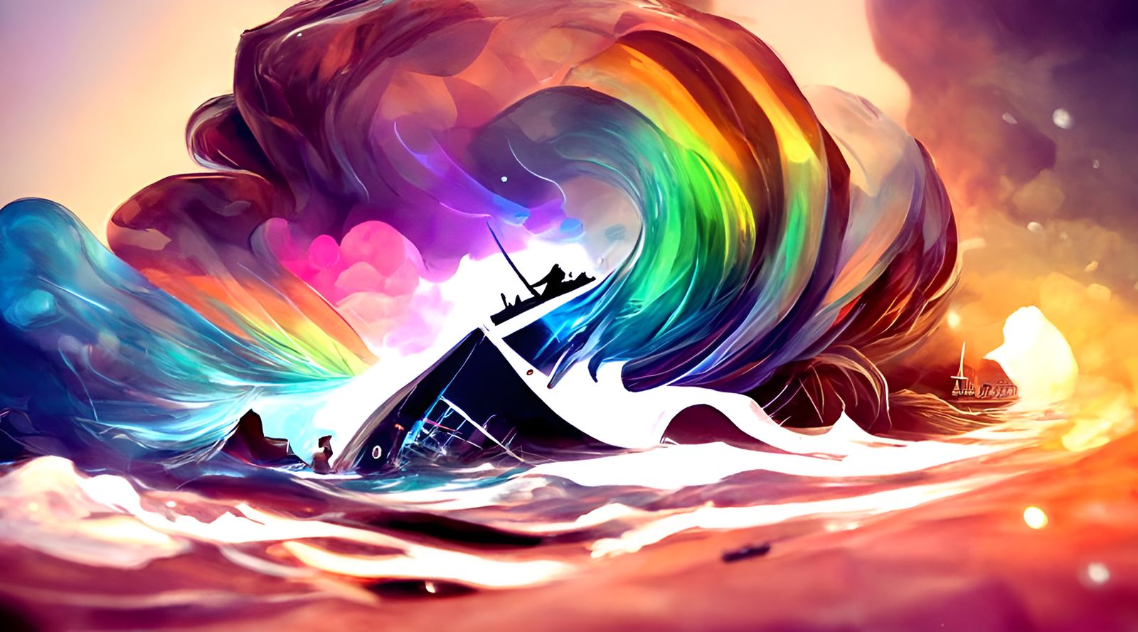 Iridescent Rainbow Seascape with Ship, Surreal Art
