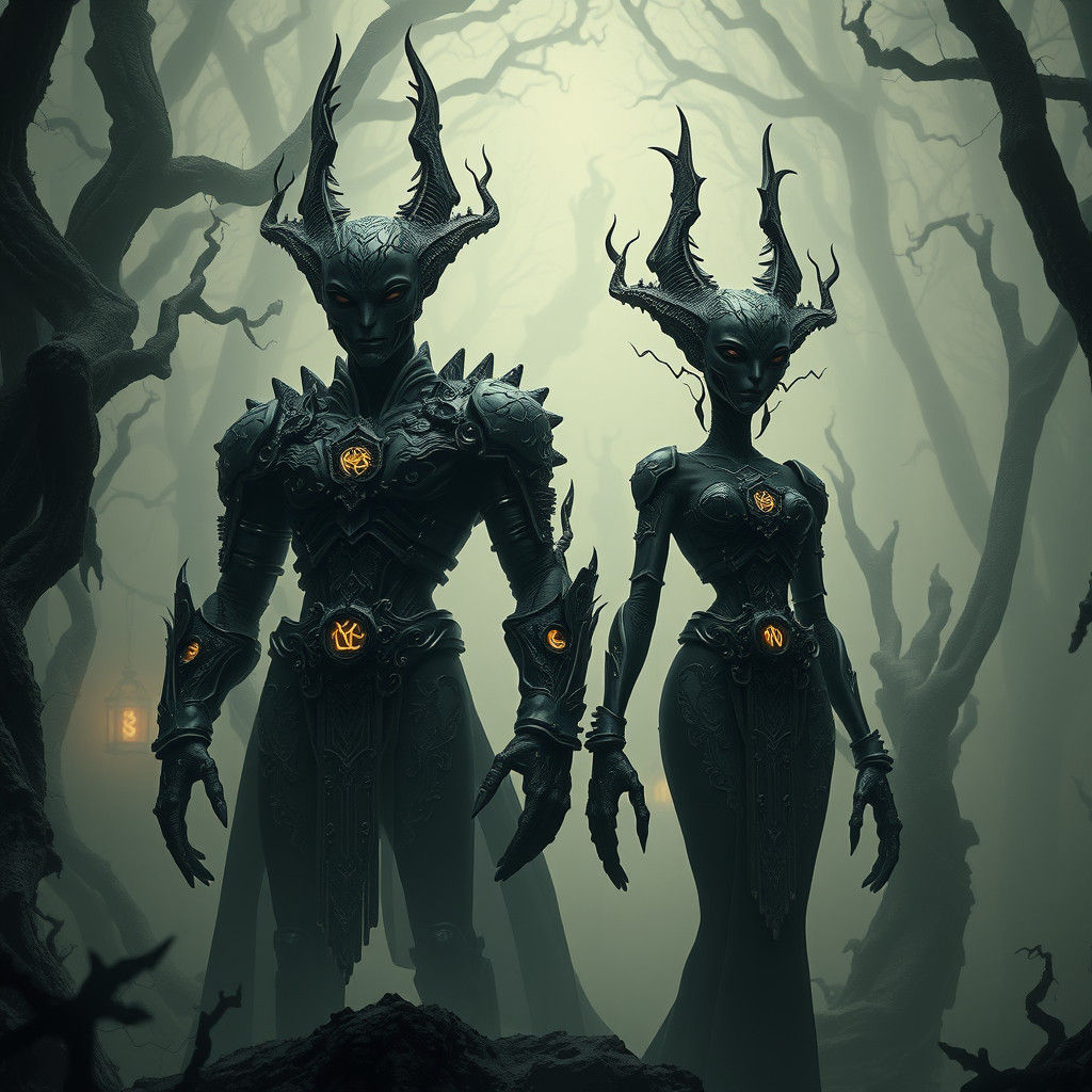 Alien Duo in Dark Forest: Gothic Biomechanical Art