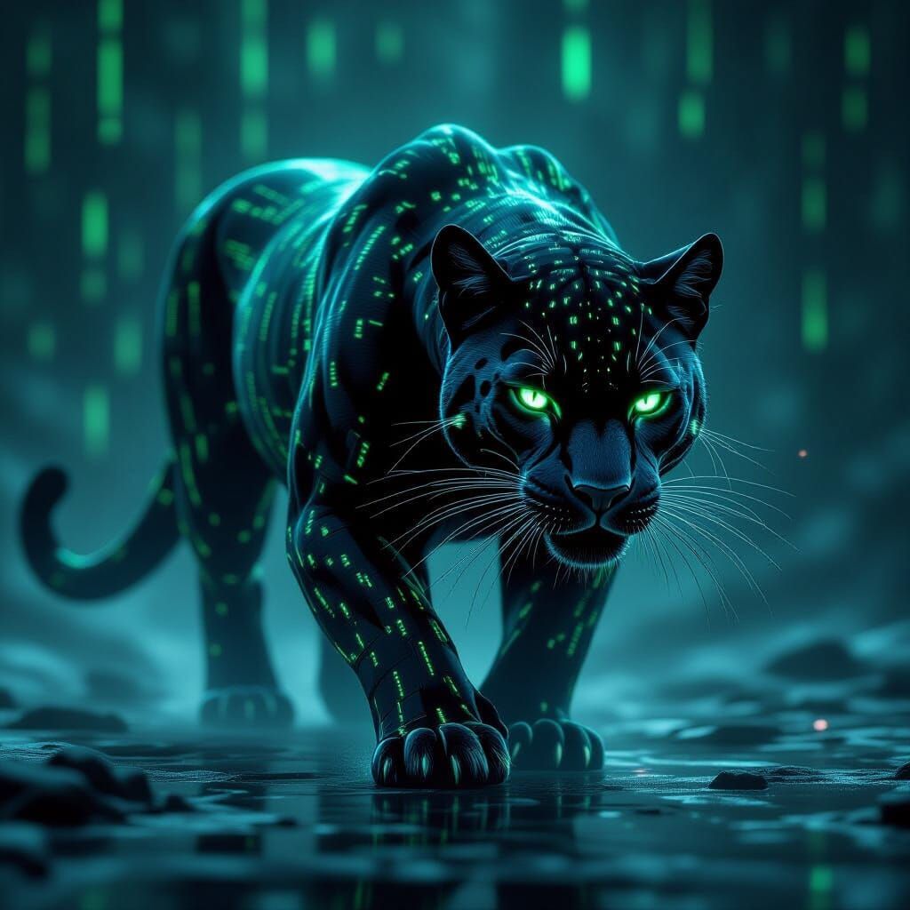 Cyberpunk Panther Made of Glowing Green Code