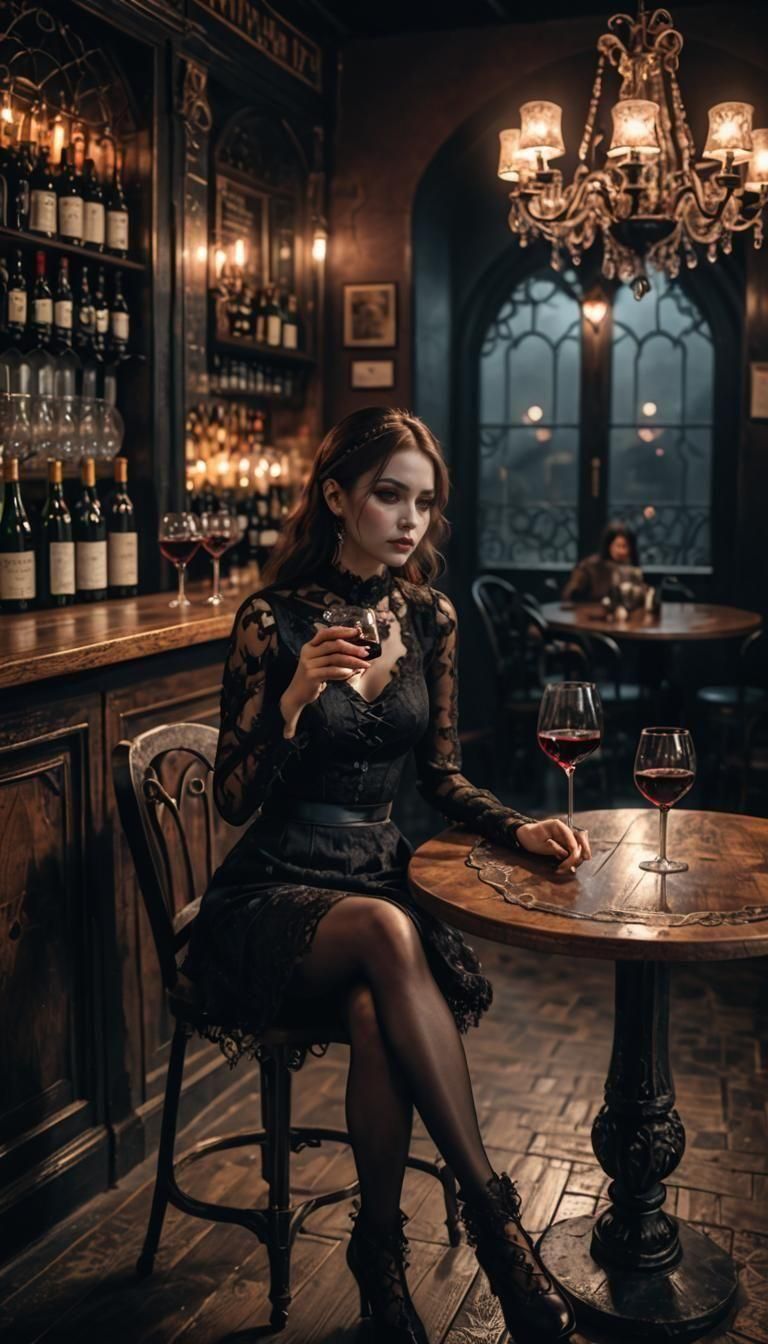 Gothic Woman at Bar with Volumetric Lighting